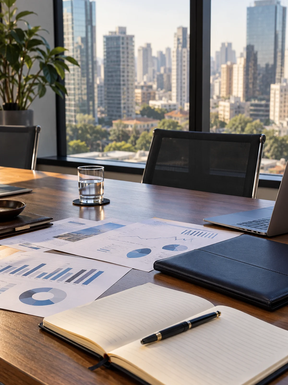 Office desk with business reports, a laptop and planning materials